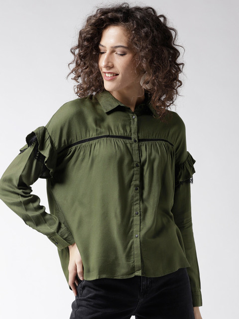 

Madame Women Olive Green Regular Fit Solid Casual Shirt