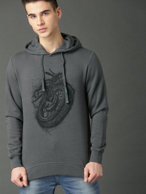 

Roadster Men Charcoal Grey Printed Hooded Sweatshirt