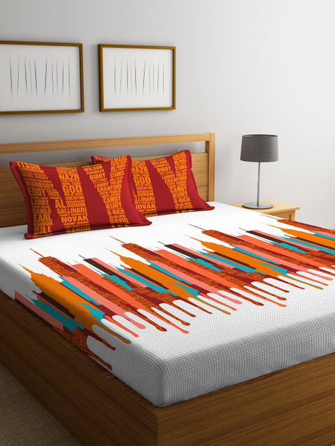 

Portico New York White & Orange Graphic Flat 144 TC 1 Double Bedsheet 2 Pillow Covers