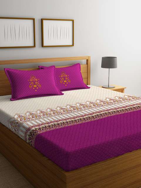 

Portico New York Beige & Purple Ethnic Motifs 144 TC 1 Double Bedsheet 2 Pillow Covers