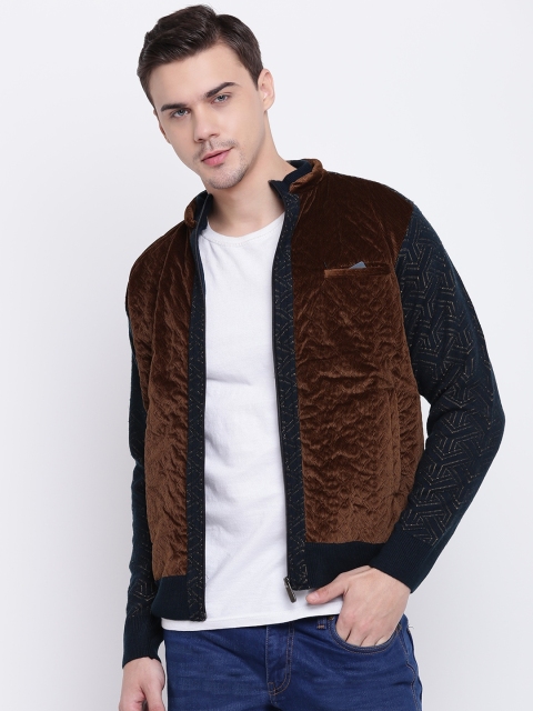 

Pierre Carlo Men Navy Blue & Brown Self Design Front-Open Sweater