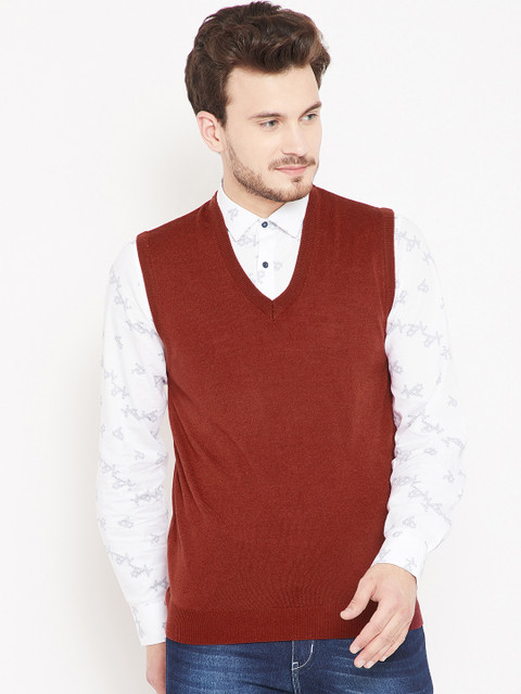 

Pierre Carlo Men Rust Red Solid Sweater Vest, Maroon
