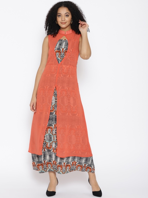 

Cottinfab Women Peach-Coloured & Blue Printed Layered Maxi Dress