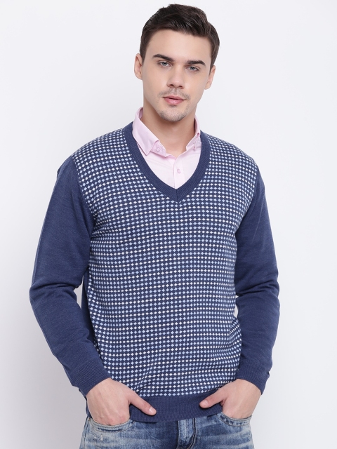 

Pierre Carlo Men Navy Blue & White Self Design Pullover