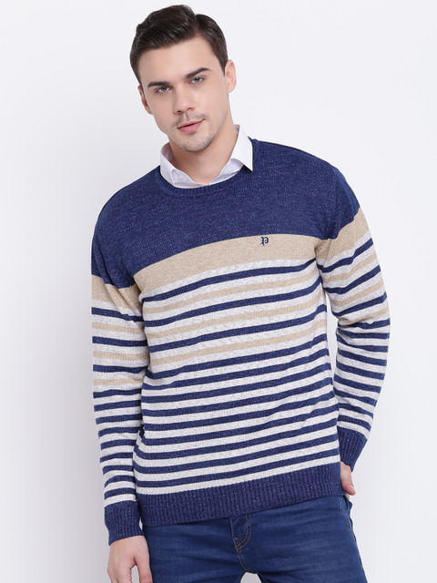 

Pierre Carlo Men Navy Blue & Beige Striped Pullover