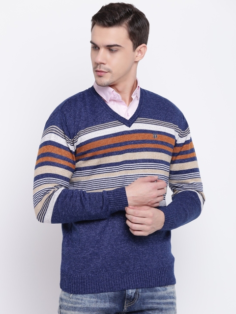 

Pierre Carlo Men Navy Blue & Beige Striped Pullover