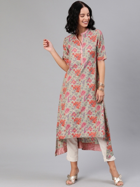 

Biba Women Beige & Coral Orange Printed A-Line Kurta