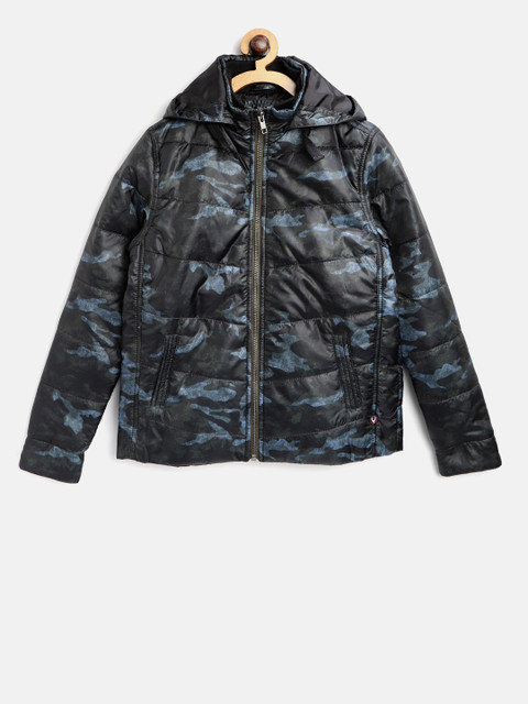 

Allen Solly Junior Boys Black & Blue Camouflage Print Hooded Padded Jacket