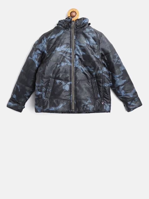 

Allen Solly Junior Boys Black & Blue Camouflage Print Hooded Padded Jacket
