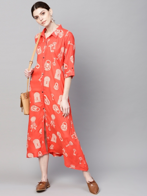 

Yuris Women Coral Orange Printed Maxi Shirt Dress