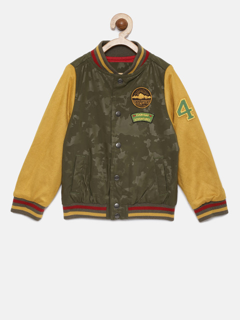 

Allen Solly Junior Boys Olive Green Printed Varsity Jacket