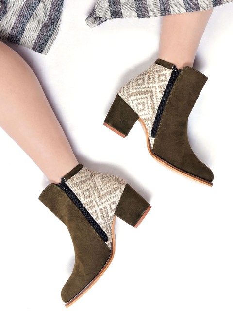 

Street Style Store Women Olive Green & Off-White Woven Design Heeled Boots