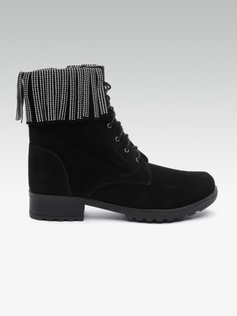 

Street Style Store Women Black Solid Heeled Boots with Fringed Detail