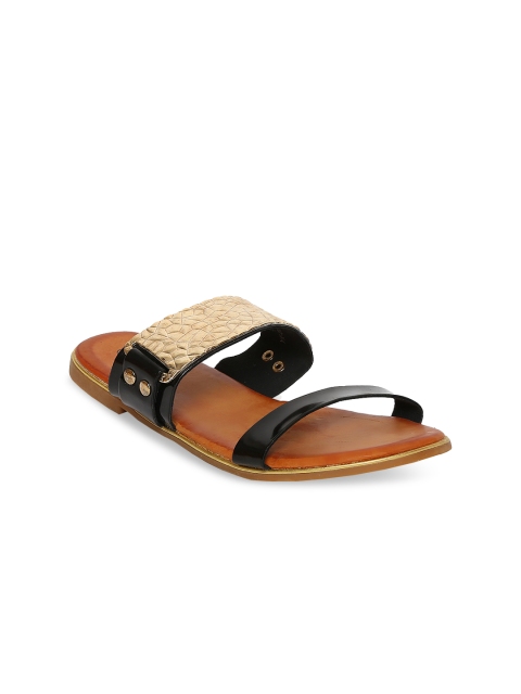 

ESTATOS Women Black & Gold-Coloured Textured Open Toe Flats