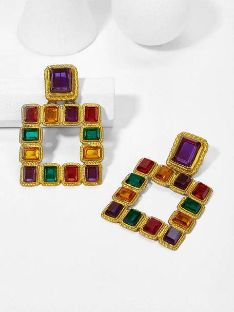 

OOMPH Multicoloured Gold-Plated Handcrafted CZ Stone-Studded Square Drop Earrings, Multi