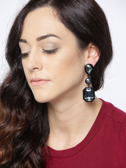 

OOMPH Black & Grey Stone-Studded Handcrafted Geometric Drop Earrings