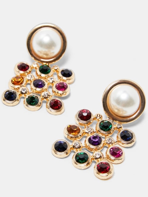 

OOMPH Multicoloured Gold-Plated Stone-Studded & Beaded Handcrafted Geometric Drop Earrings, Multi
