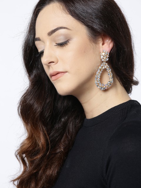 

OOMPH Gold-Toned Handcrafted CZ Stone-Studded Teardrop Shaped Drop Earrings