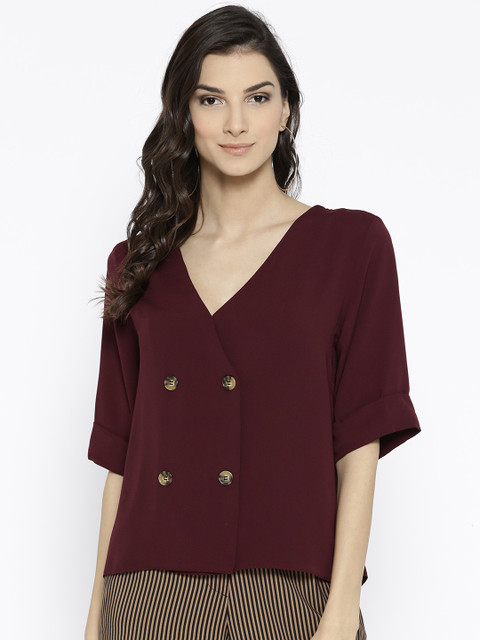 

DOROTHY PERKINS Women Burgundy Solid Wrap Top