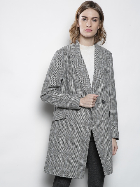 

DOROTHY PERKINS Women Grey & Black Self Checked Longline Overcoat