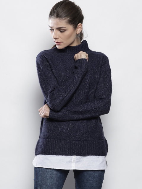 

DOROTHY PERKINS Women Navy Blue Cable Knit Pullover