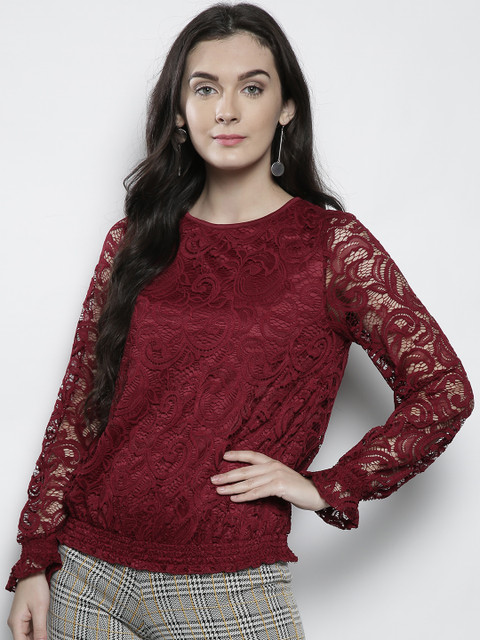 

DOROTHY PERKINS Women Maroon Self Design Blouson Top