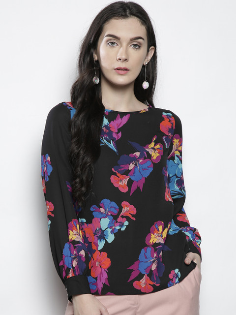 

DOROTHY PERKINS Women Black & Pink Printed Styled Back Top