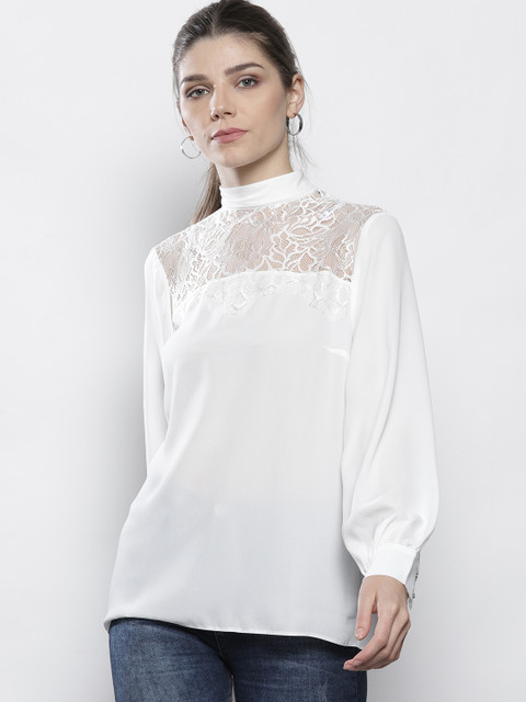 

DOROTHY PERKINS Women White Lace Detail Solid Top