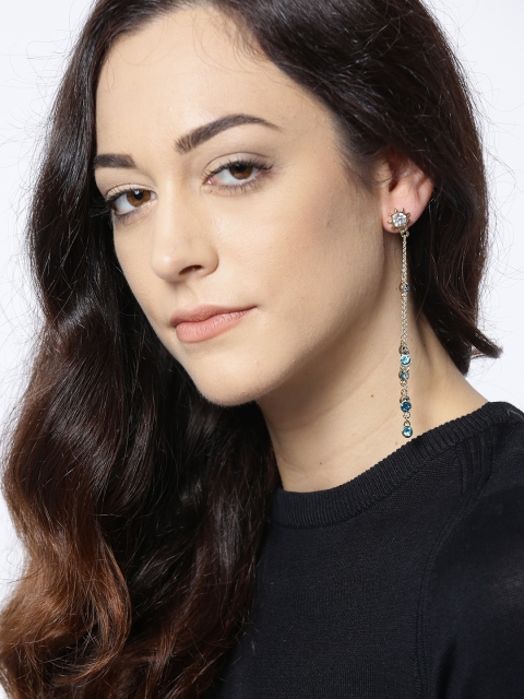 

OOMPH Gold-Toned & Blue Tasselled Crystal-Studded Drop Earrings