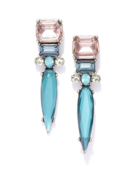 

OOMPH Blue & Pink Handcrafted CZ Stone-Studded Geometric Drop Earrings