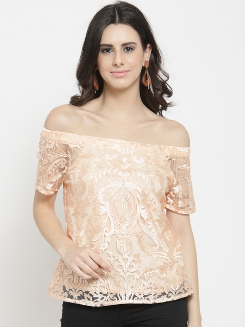 

Latin Quarters Women Peach-Coloured Self Design Bardot Top