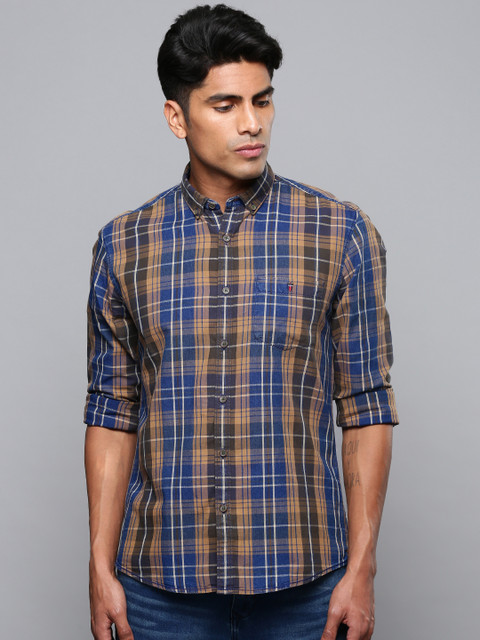 

Louis Philippe Jeans Men Blue & Brown Slim Fit Checked Casual Shirt