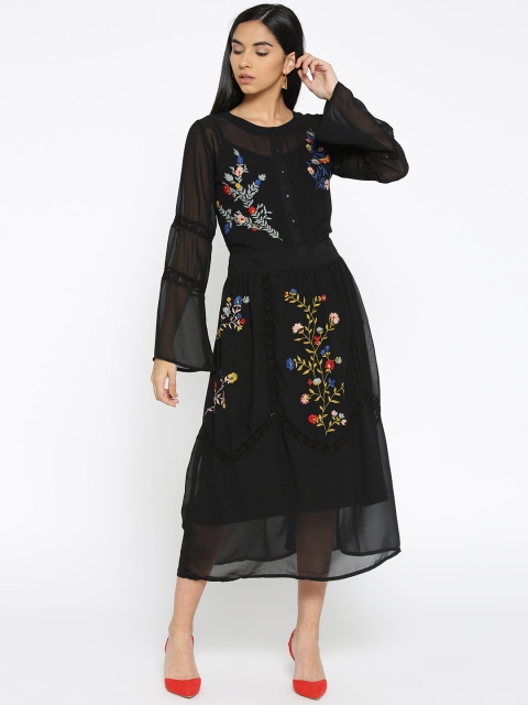 

SCOUP Women Black Embroidered A-Line Dress