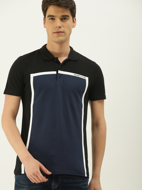 

United Colors of Benetton Men Black & Navy Blue Colourblocked Polo Collar T-shirt