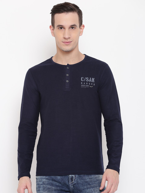 

SPYKAR Men Navy Blue Solid Henley Neck T-shirt