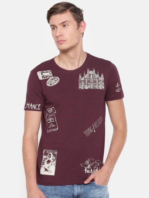 

SPYKAR Men Maroon Beige Printed Round Neck Pure Cotton T-shirt