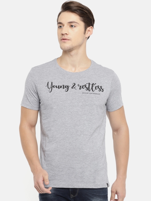 

SPYKAR Men Grey Printed Round Neck Pure Cotton T-shirt