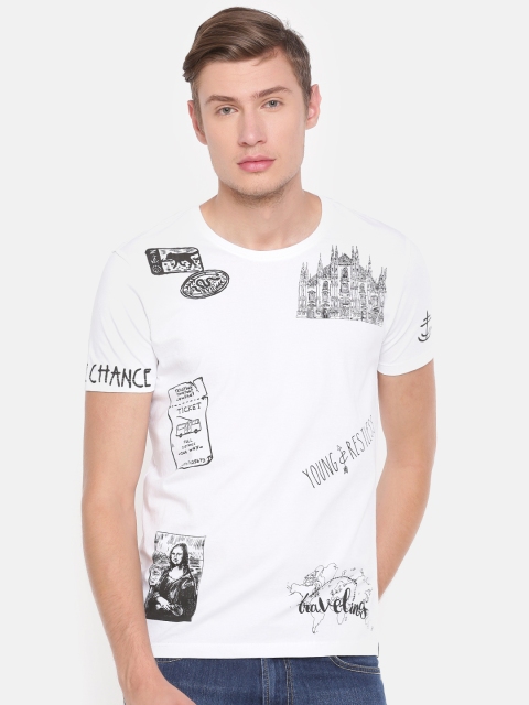 

SPYKAR Men White Black Printed Round Neck Pure Cotton T-shirt
