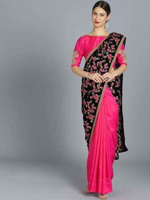 

Bollywood Vogue Black & Pink Half N Half Velvet Embroidered Saree with Stitched Blouse