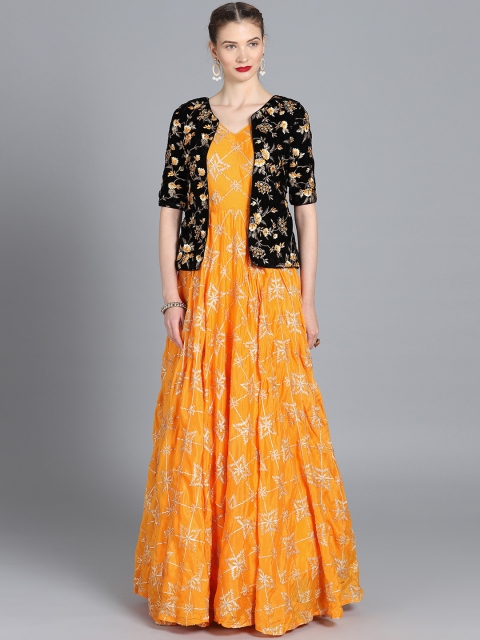 

Bollywood Vogue Women Yellow Made to Measure Embellished Maxi Gown With Ethnic Jacket