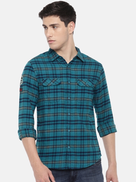 

SPYKAR Men Teal Green & Navy Blue Slim Fit Checked Casual Shirt