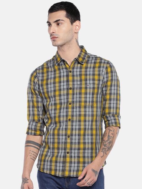 

SPYKAR Men Yellow & Grey Slim Fit Checked Casual Shirt