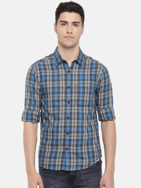 

SPYKAR Men Grey & Blue Slim Fit Checked Casual Shirt