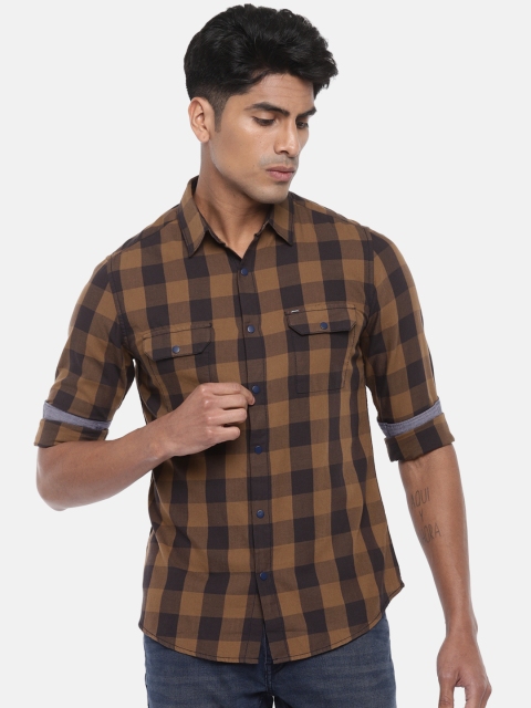 

SPYKAR Men Khaki & Navy Blue Slim Fit Checked Casual Shirt