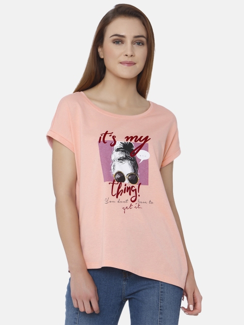 

Vero Moda Women Peach-Coloured Printed Round Neck T-shirt