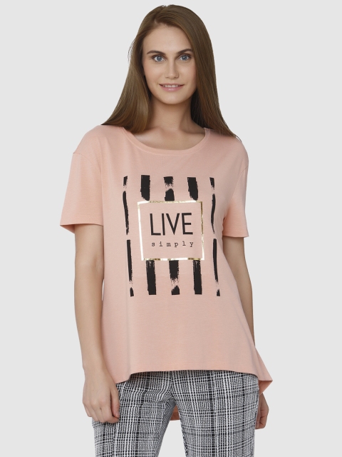 

Vero Moda Women Peach-Coloured Printed Round Neck T-shirt