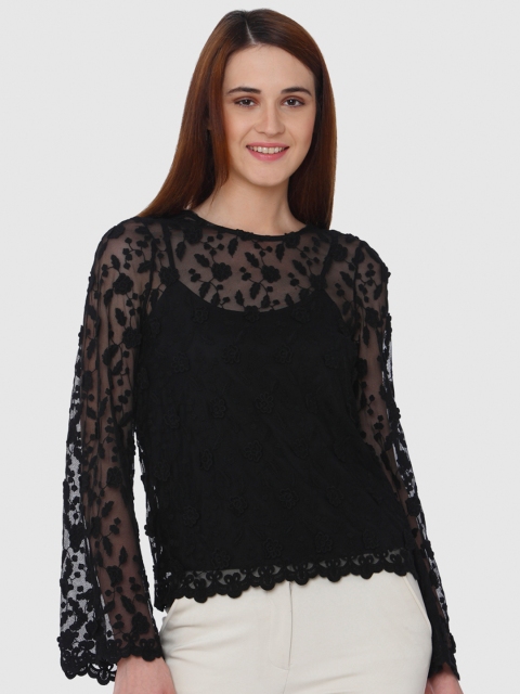

Vero Moda Women Black Self Design Semi-Sheer Top