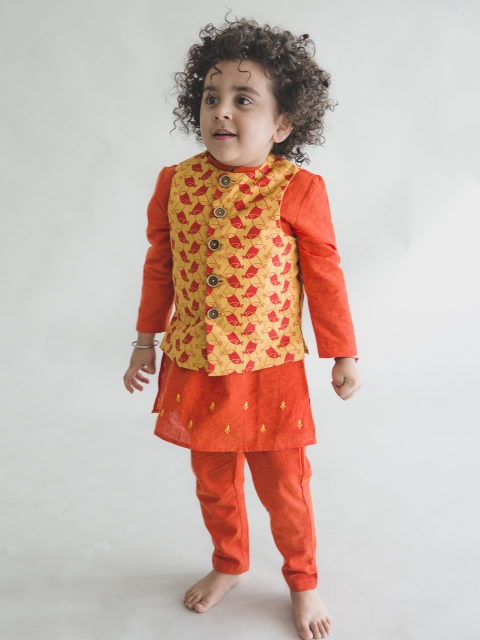 

Tiber Taber Boys Mustard Yellow & Orange Kurta with Trousers and Nehru Jacket