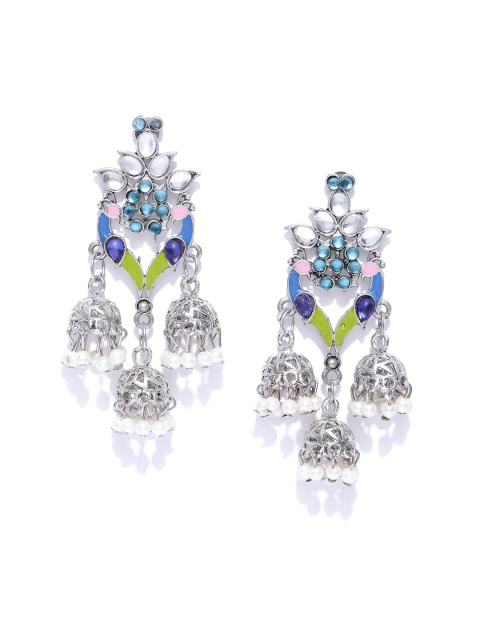 

Anouk Silver-Toned & Blue Artificial Stone Dome Shaped Jhumkas