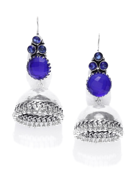 

Anouk Blue Oxidised Silver-Plated Stone-Studded Dome Shaped Jhumkas